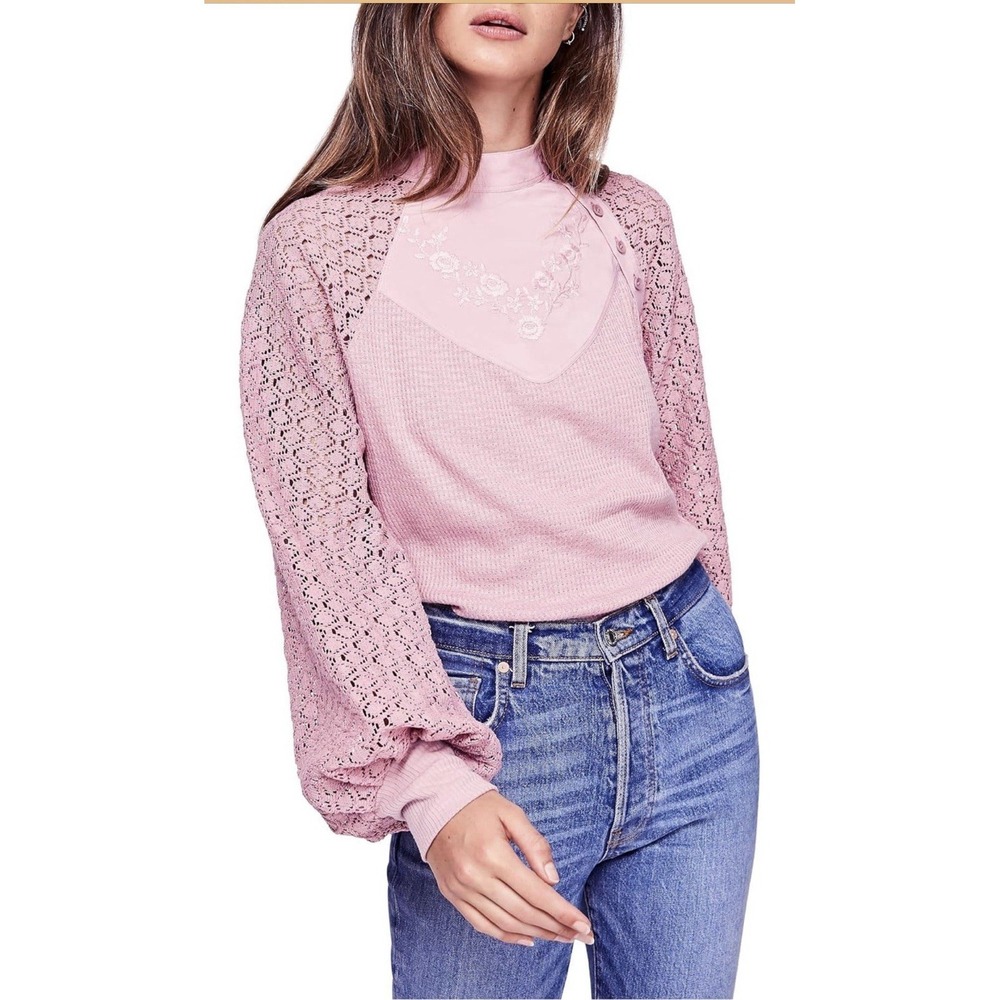 Free People Womens Sweetest Thing Embroidered Lace Sleeves Thermal Top Small‎